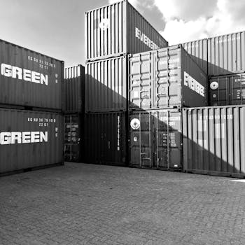 Black and white photo of stacked shipping containers in Ipoh, Malaysia.