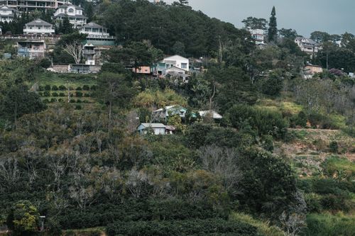 Free Scenic hillside with houses nestled among lush greenery in Dalat, Vietnam. Stock Photo