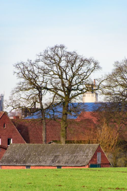 Free Charming rural scene with a barn, leafless trees, and distant silo in Coesfeld, Germany. Stock Photo