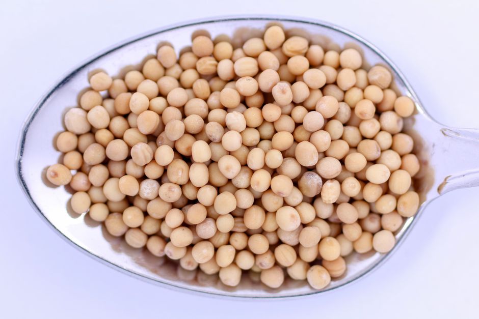 A pile of small round yellow and brown mustard seeds spilling from a wooden spoon onto a dark surface.
