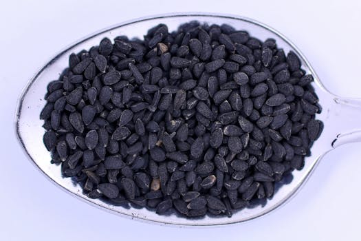 Detailed view of black cumin seeds on a silver spoon, perfect for kitchen and culinary themes.