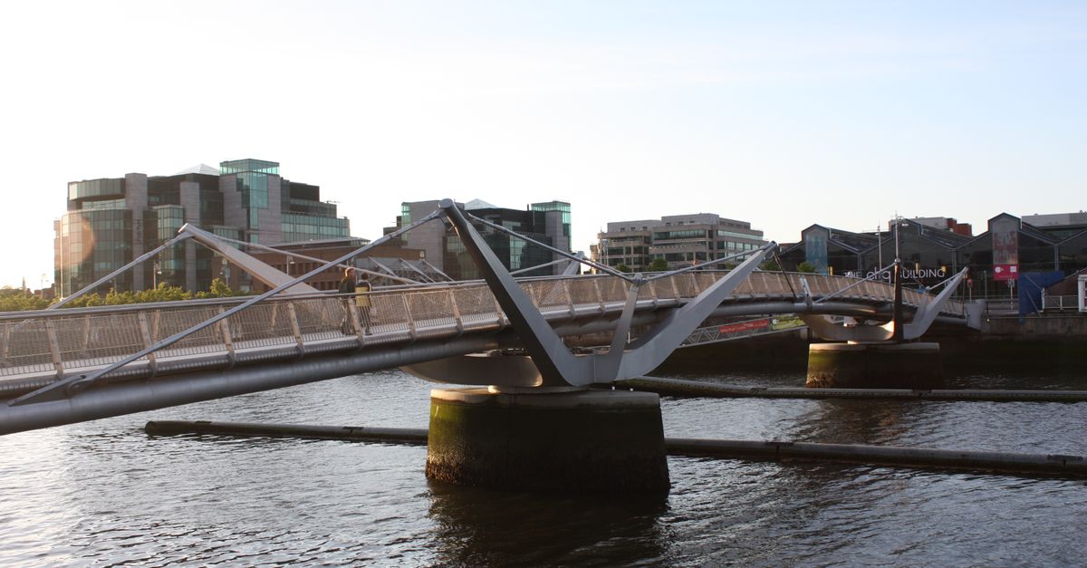 Pedestrian bridge spans the Liffey River in Dublin at sunset, highlighting modern architecture.