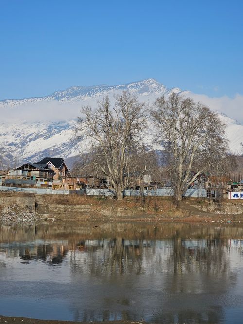 Free Beautiful winter view of Gulmarg landscape with snow-capped mountains and bare trees reflecting in the water. Stock Photo