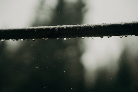 Artistic close-up of raindrops on a metal railing with blurred background.