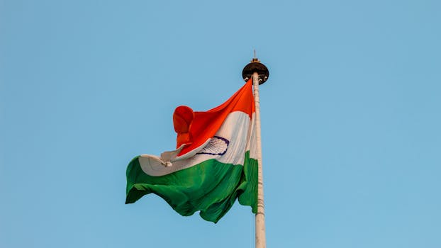 A massive 100ft tall Indian flag, Tiranga, proudly displayed in Rajgarh, Madhya Pradesh.  National pride and patriotism on display.