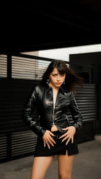 Stylish woman in black leather jacket posing confidently outdoors against a modern backdrop.