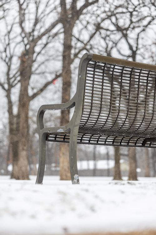 Free An empty park bench in a snow-covered park with leafless trees on a winter day. Stock Photo