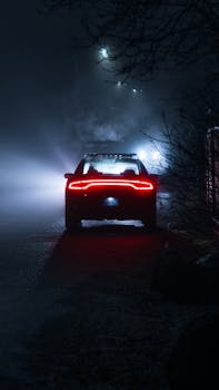 A car driving through foggy Vancouver streets at night, creating a mysterious and atmospheric scene.
