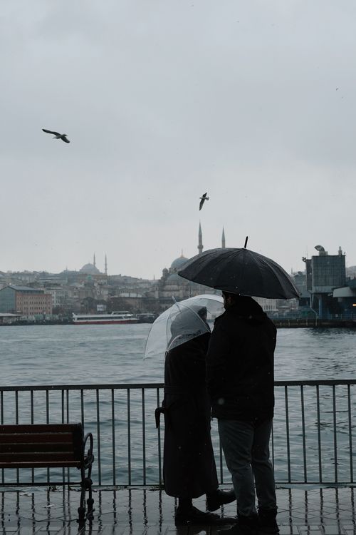 Free Couple with umbrellas overlooking Bosphorus in Istanbul on a rainy day, capturing cityscape and seagulls. Stock Photo