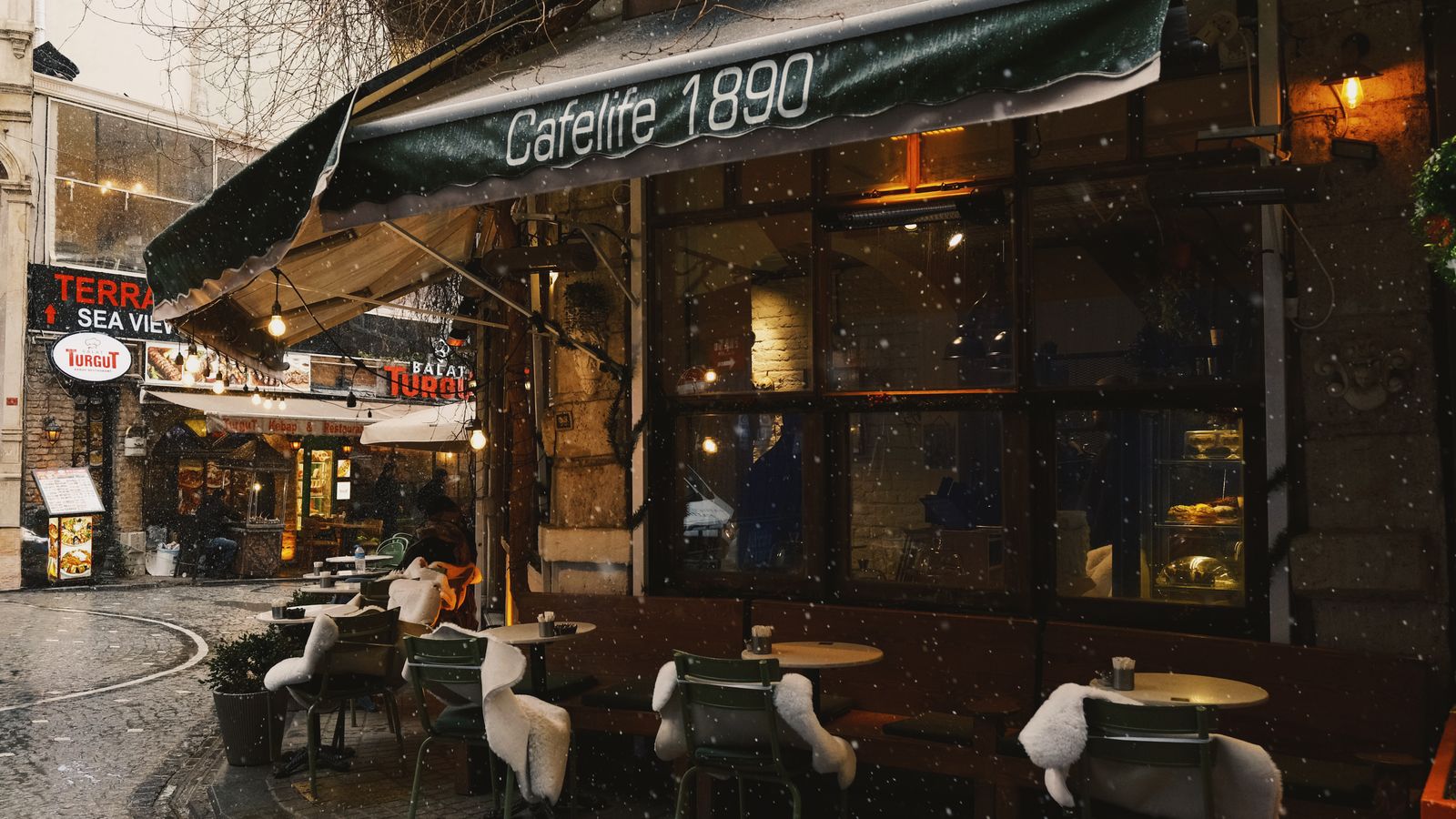 Warm cafe interior with coffee