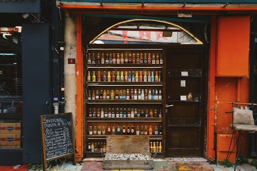 Vibrant collection of drinks displayed outdoors at a shop in Istanbul, Türkiye.
