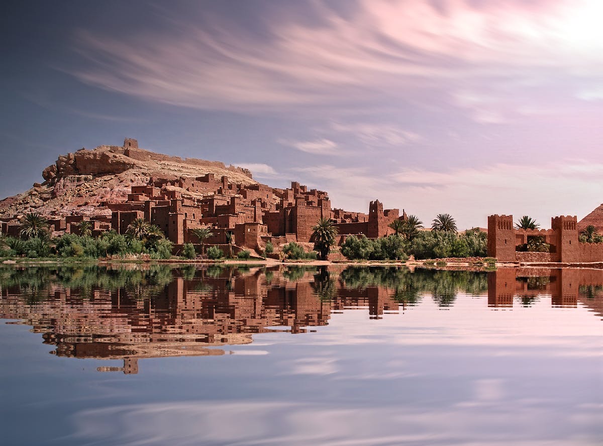 Ait-Benhaddou, Morocco. Ouarzazate province, striking example of Kasbah in southern Morocco, Atlas Mountains.