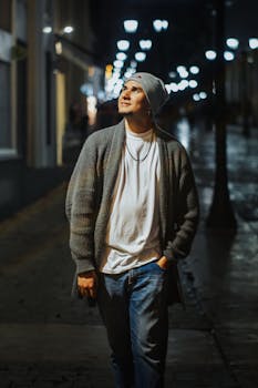 A young man walks through a dimly lit city street, enjoying the night atmosphere.