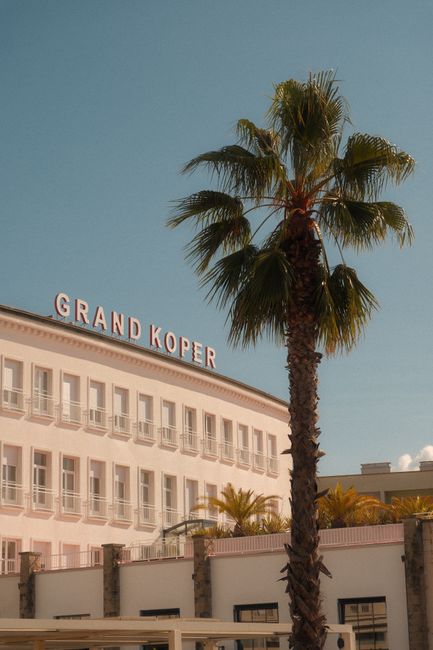 A scenic view of Grand Koper Hotel with a palm tree under a bright sky.