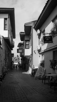 Narrow cobblestone street flanked by historic architecture in monochrome, creating a timeless feel.
