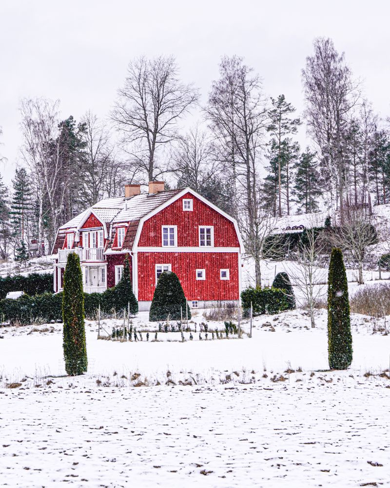 Snötäckt stuga bland träd