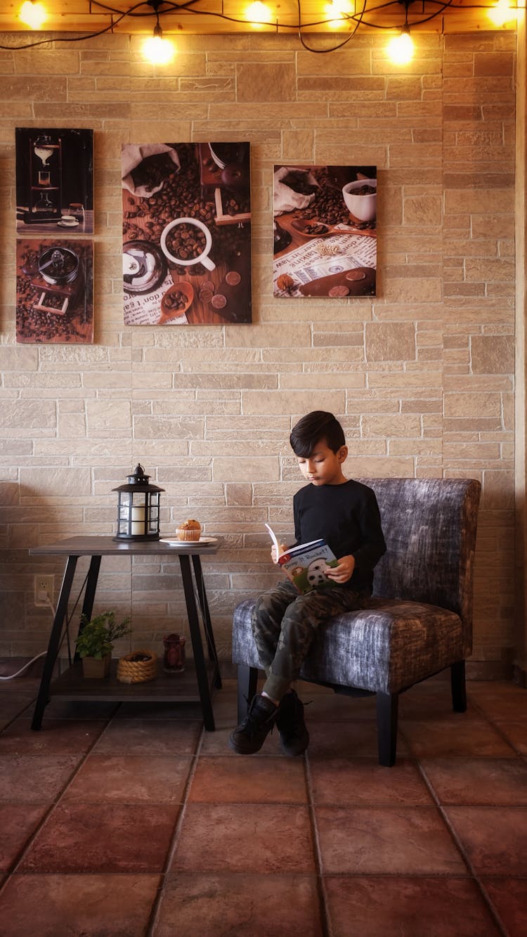 Boy Reading Book Sitting On Sofa Chair