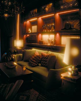 A moody, vintage-style living room with warm lighting and elegant decor.