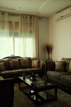 A beautifully styled living room with ornate sofas, a glass coffee table, and natural light.