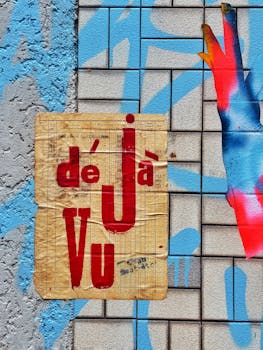 Vibrant graffiti in Berlin with bold colors and text 'déjà vu' on a textured wall.