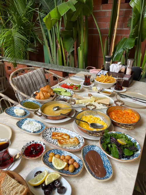 Free A vibrant spread of traditional Turkish breakfast items served outdoors in Istanbul. Stock Photo