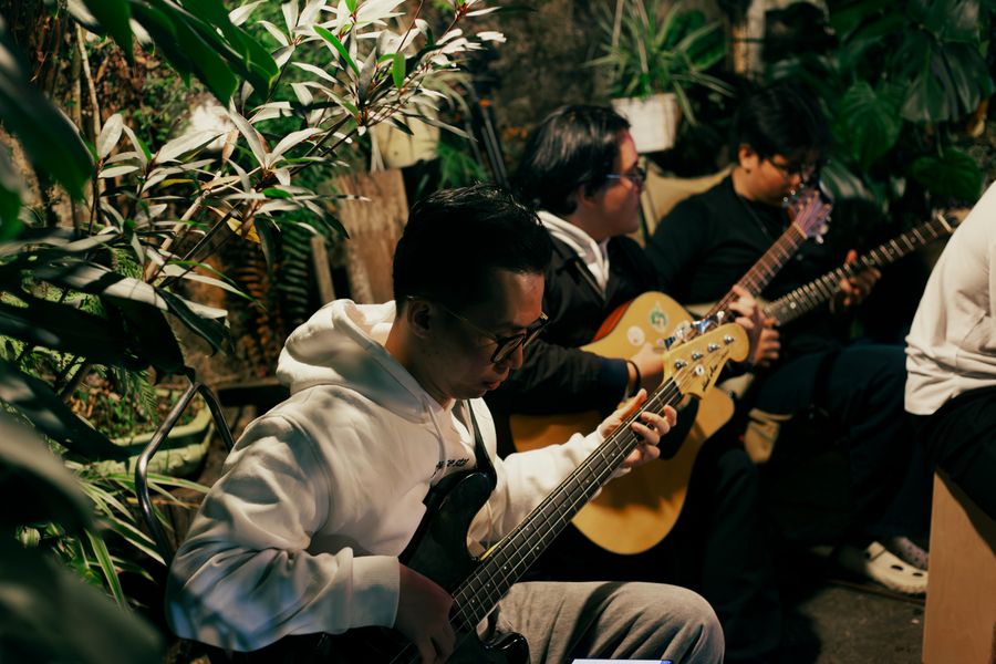 Musicians playing acoustic instruments together among plants at an intimate session
