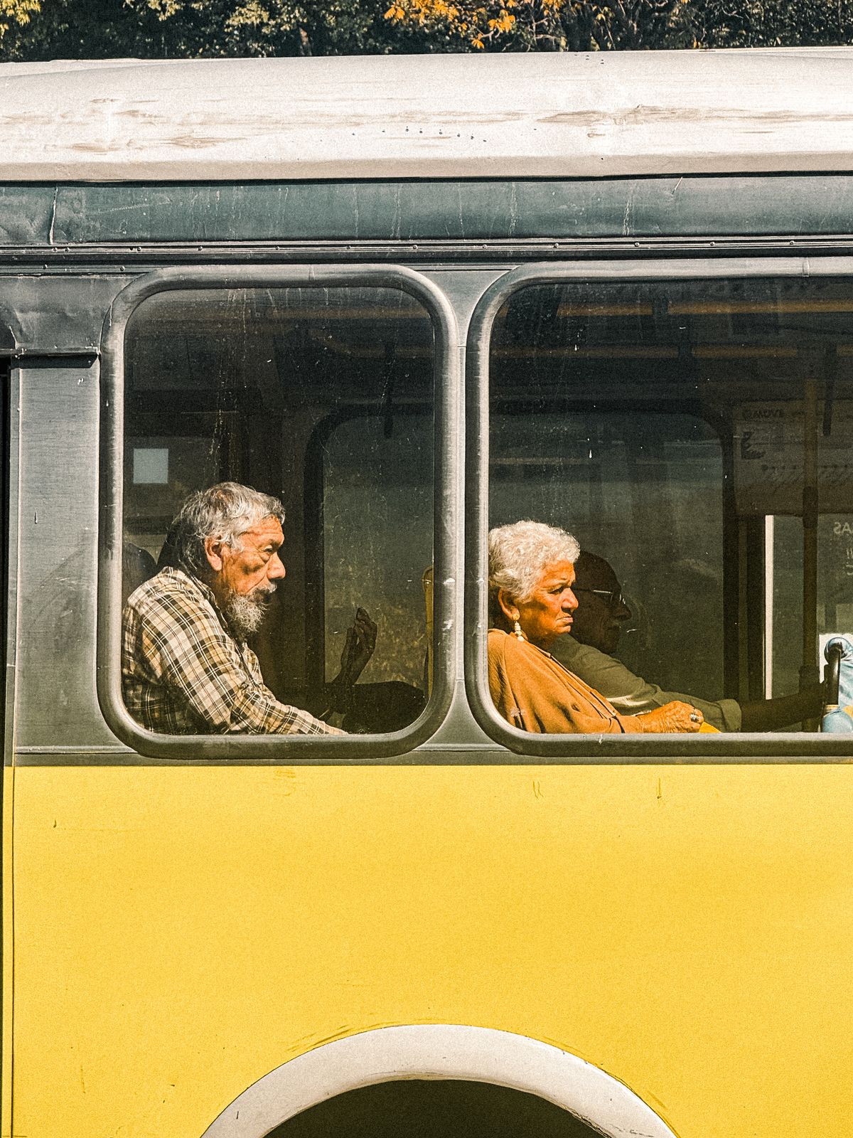 Casal de idosos viajando de ônibus