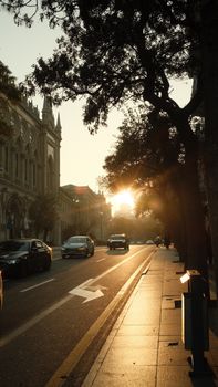Captivating sunset over a street in Baku, Azerbaijan, highlighting the city's architectural beauty.