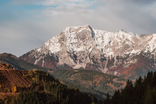 Majestic alpine mountain view with autumn foliage and snow-capped peaks, perfect for scenic wallpapers.