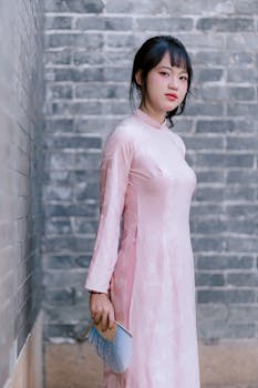 Young woman in a pink traditional dress poses elegantly against a brick wall.