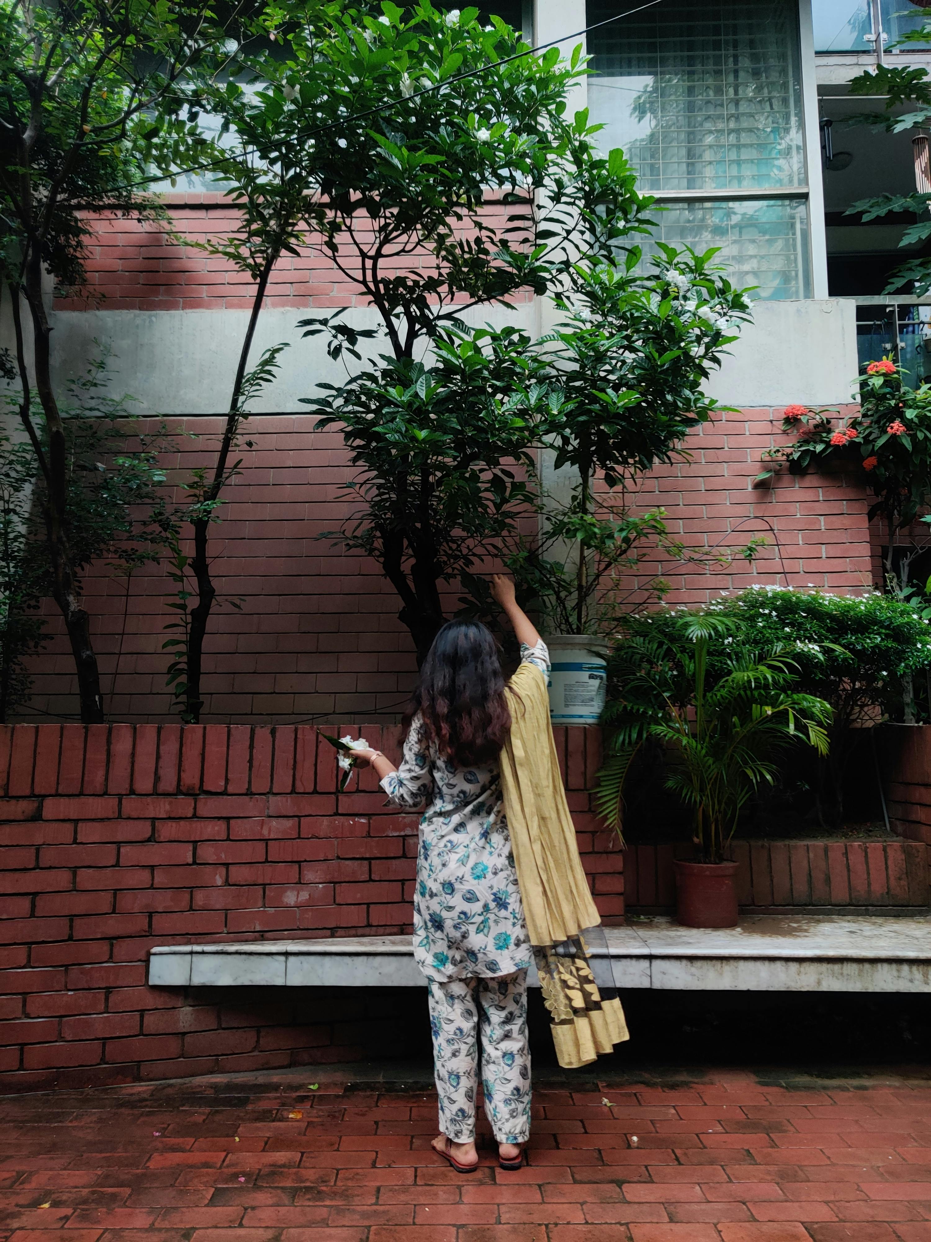 Woman tending to garden plants in a quaint urban courtyard setting.