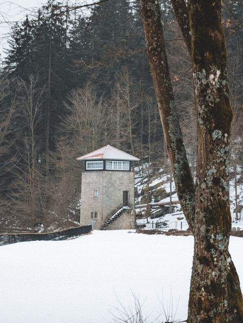 Free A solitary historic watchtower stands amidst a snowy forest in Flossenbürg, Bavaria, Germany. Stock Photo