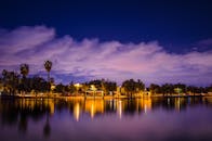 暮光下，波光粼粼的湖边公园宁静宜人，倒映着棕榈树的身影