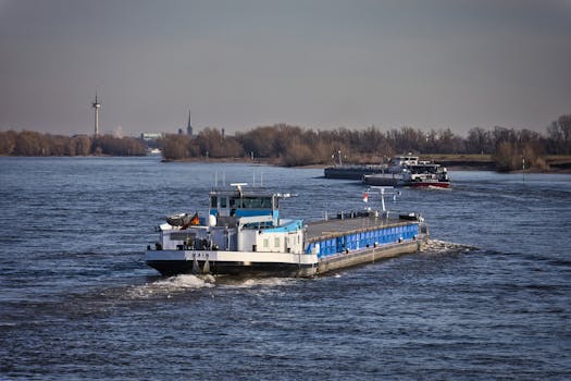A cargo ship navigating the Rhine River with a cityscape in the background on a clear day.