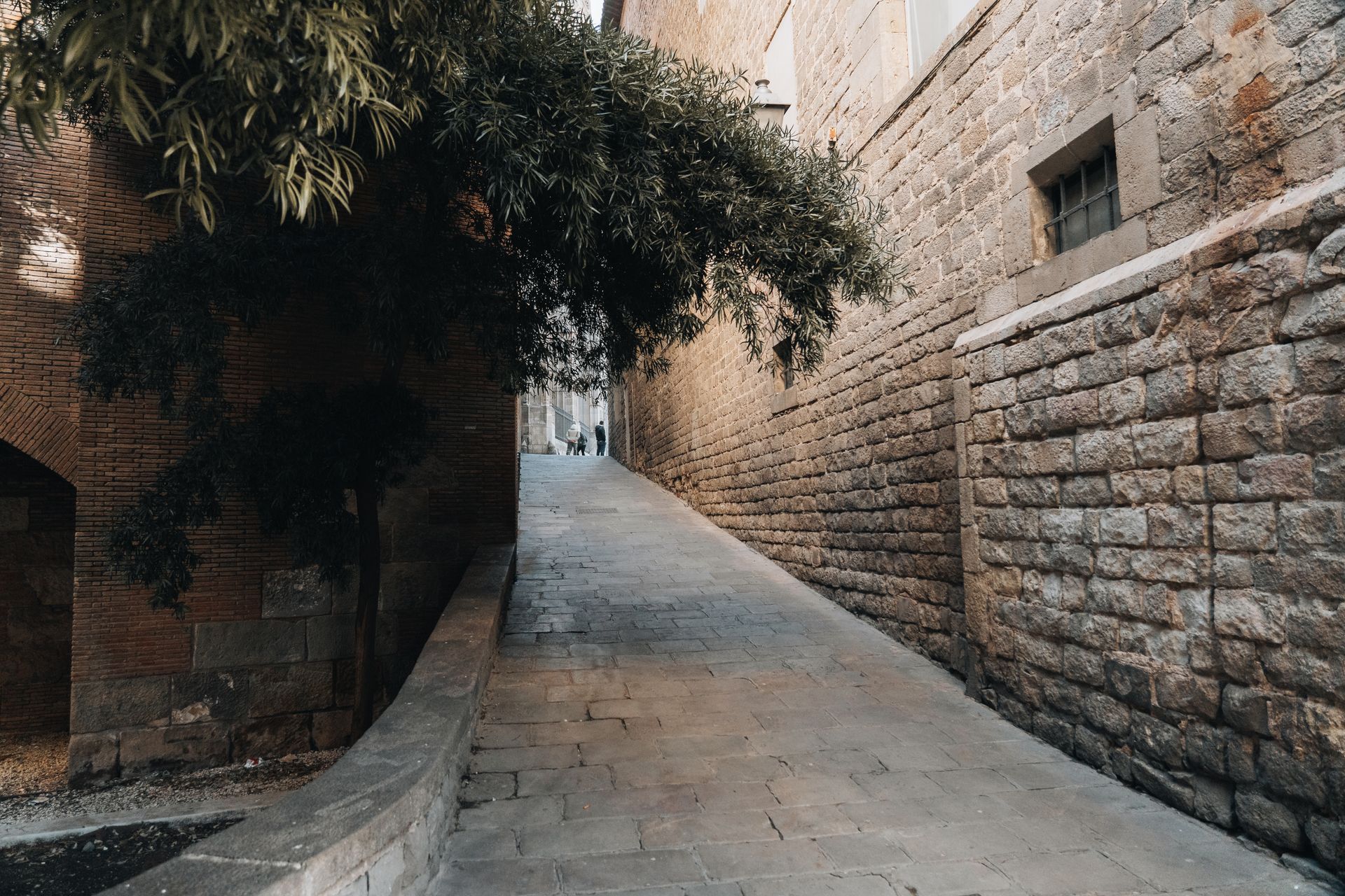 Un callejón de piedra estrecho en un barrio de ciudad vieja