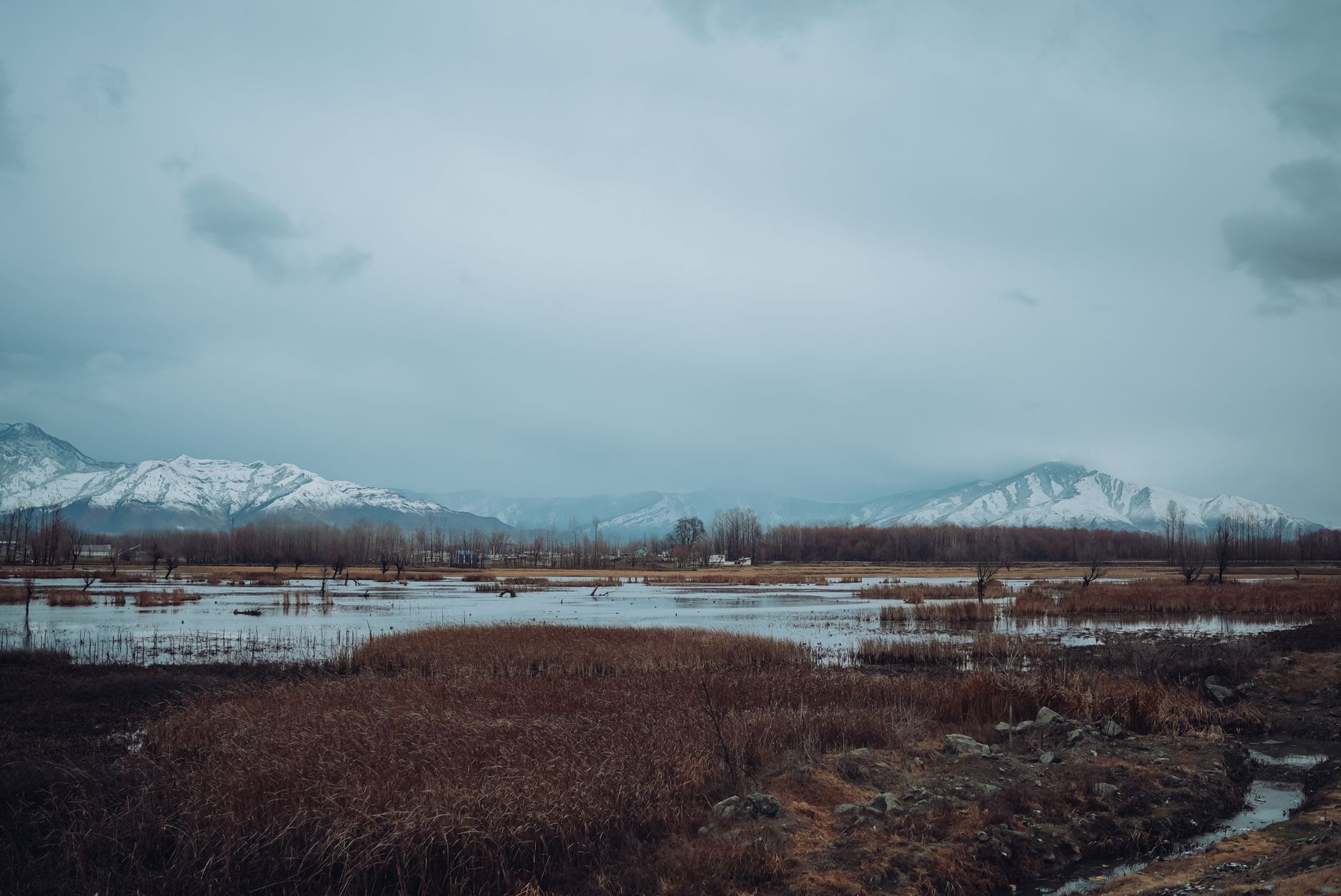 Captivating winter scene of mountains and wetlands in Kashmir, perfect for nature enthusiasts.