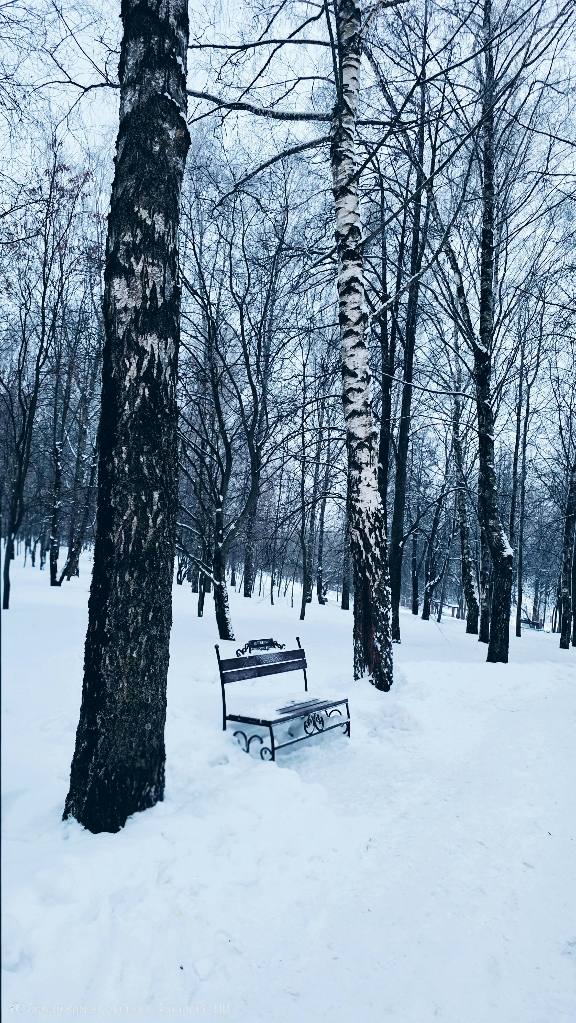 Tranquil snowy forest with a bench in winter, showcasing peaceful solitude.