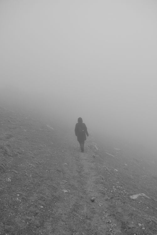Free A lone person walks on a foggy path, creating a mysterious and moody atmosphere. Stock Photo