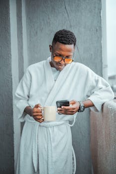 A young man in a white robe enjoys a morning coffee on a Nairobi balcony while browsing his phone.