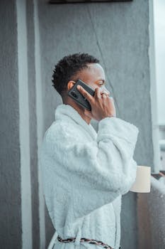 A man stands on a balcony in Nairobi, Kenya, talking on a phone. He holds a coffee cup, wearing a cozy robe.