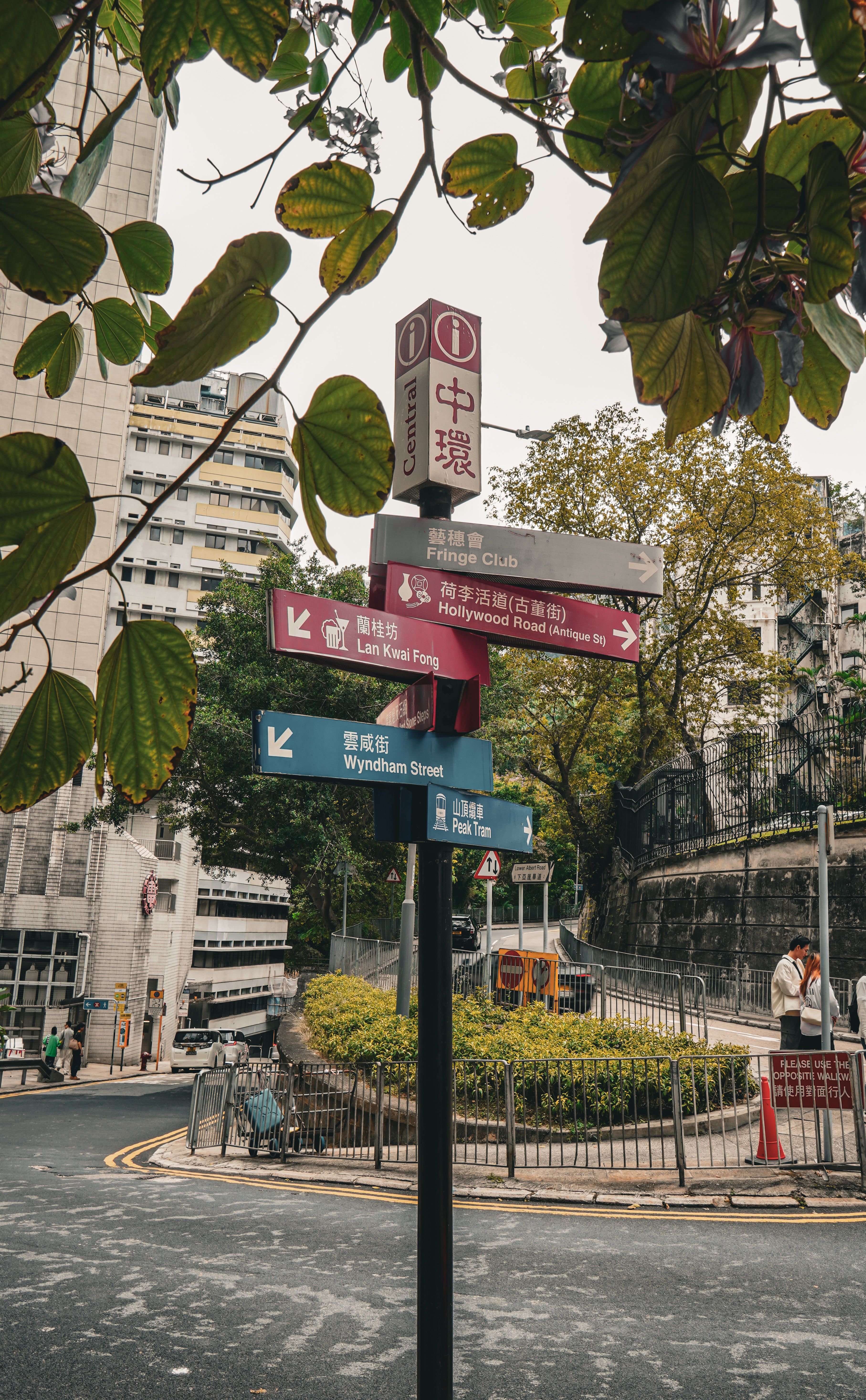 Vibrant street signs guide tourists in bustling Central Hong Kong, outdoors.