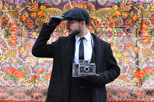 A man in vintage attire holding a classic camera against a colorful textile backdrop.