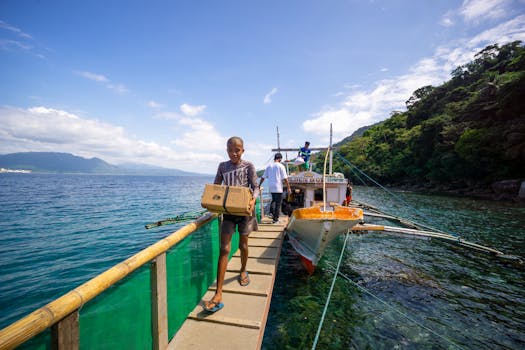 A young boy carrying a package on a dock near a fishing boat, surrounded by ocean and lush greenery under a sunny sky.