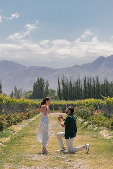 A man proposes in a picturesque vineyard in Mendoza, Argentina with mountains as backdrop.