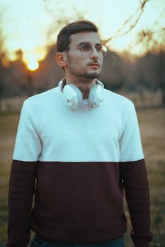 Fashionable young man wearing headphones and glasses in a park during sunset. Stylish autumn look.
