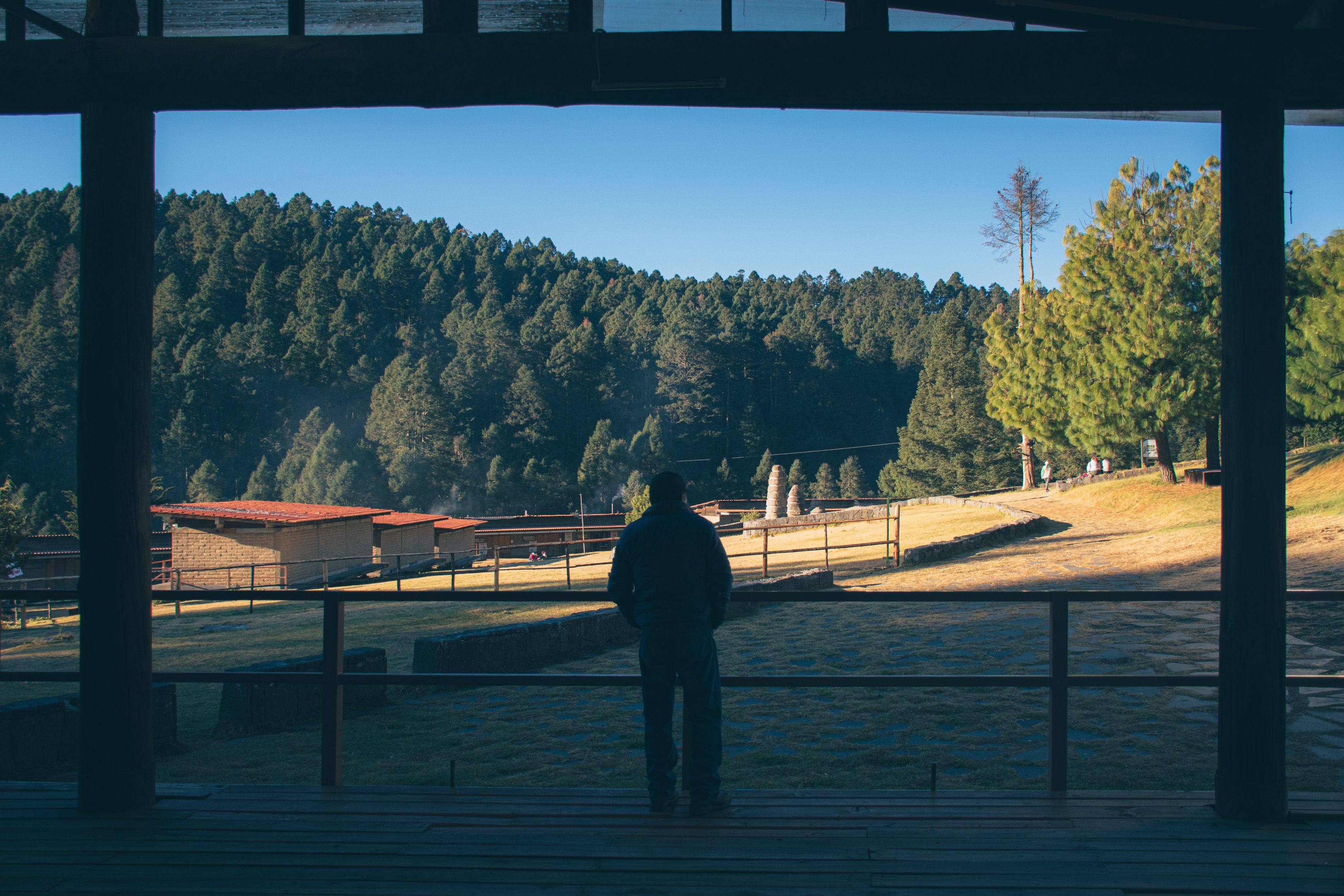 Peaceful view from a cabin in Michoacán, México with a person overlooking a forested landscape.