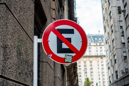 No parking sign on a city street in downtown Buenos Aires, Argentina.