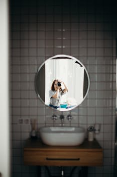 A modern bathroom with a mirror capturing a photography enthusiast in a contemporary setting.