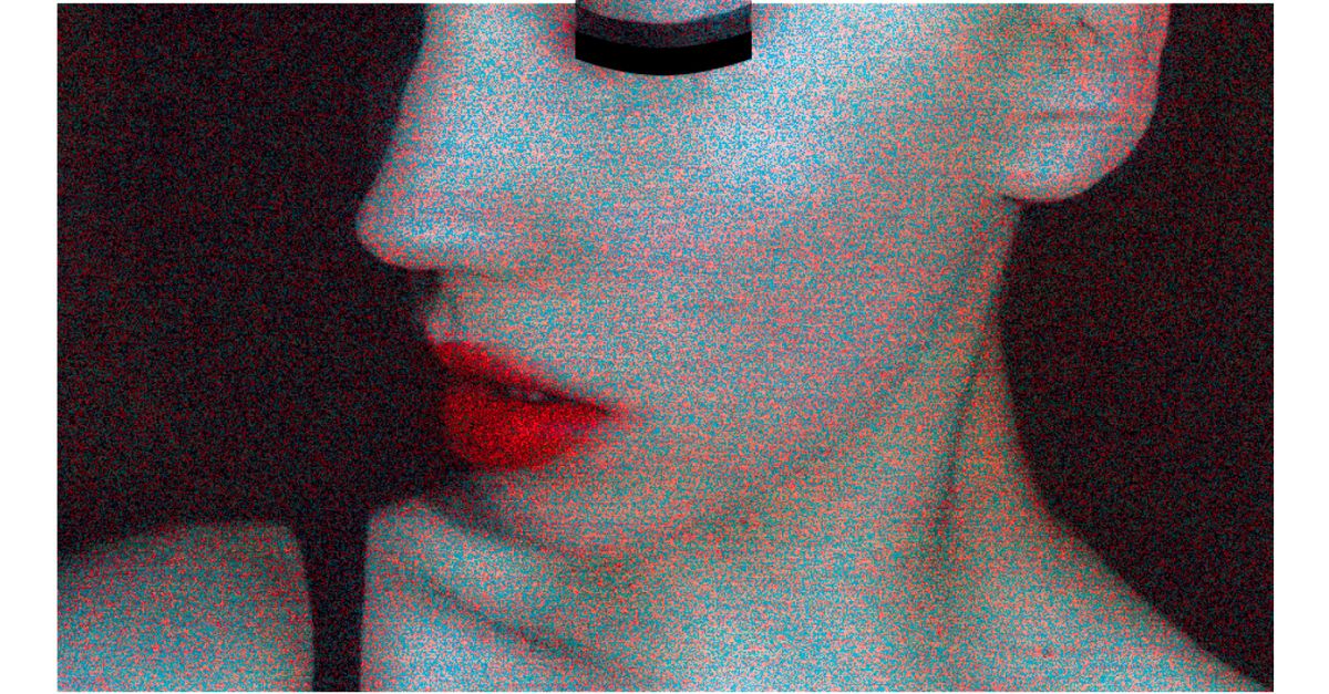 Abstract portrait with red lips and grainy texture, creating a contemporary artistic vibe.