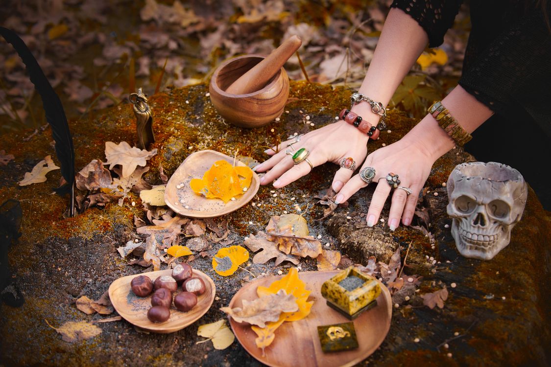 Fall Ritual Druid Autumn Ritual Setup with Skull and Leaves · Free Stock Photo